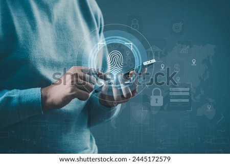 Security of future finger print technology and Cybernetics on the Internet concept, fingerprint scanning allows access to security and identification of big Data businesses, bank and Cloud Computers.