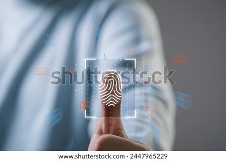 Security of future finger print technology and Cybernetics on the Internet concept, fingerprint scanning allows access to security and identification of big Data businesses, bank and Cloud Computers.	