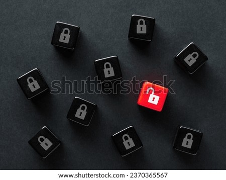 Security gap in the system. Information and security leakage. Hacking the security wall. Open and closed padlock symbols on black cubes.