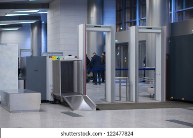 Security Gates With Metal Detectors And Scanners At Entrance Of Airport