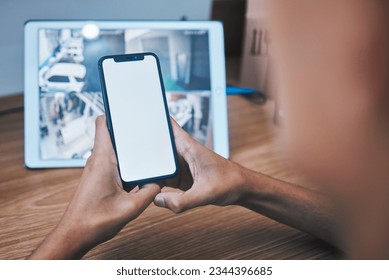 Security guard, back and control room with phone screen, monitor and hands by mockup space for surveillance. Safety agent, protection service person and smartphone for blank ux, tablet and app logo - Shutterstock ID 2344396685