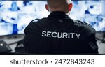 Security guard, computer screen and watch by cctv monitor for protection, data center or building safety. Inspection, video surveillance agency and control room with footage, technology and rear view