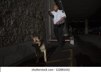 Security Guard With Dog Patrols On Duty