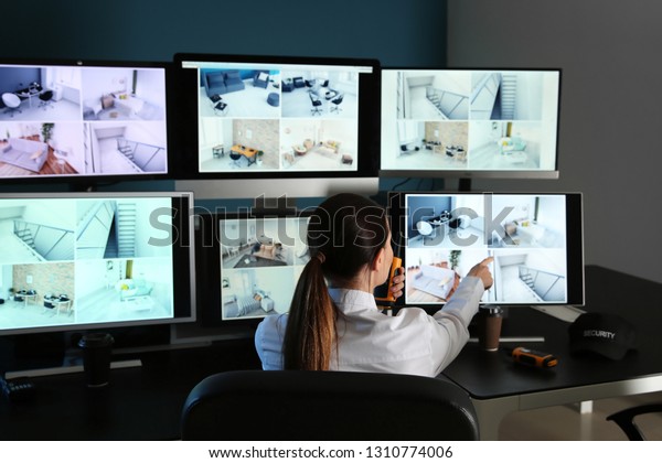 Security Guard Monitoring Modern Cctv Cameras Stock Photo