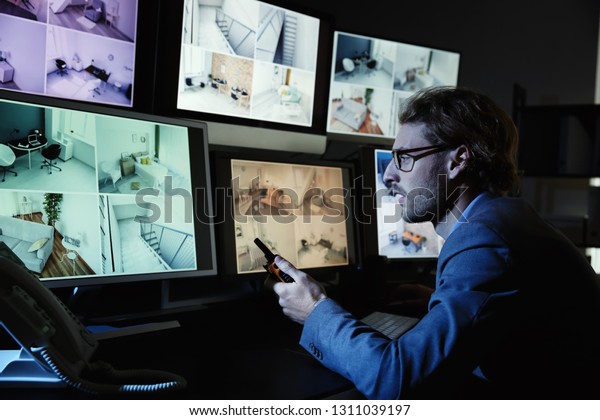 Security Guard Monitoring Modern Cctv Cameras Stock Photo