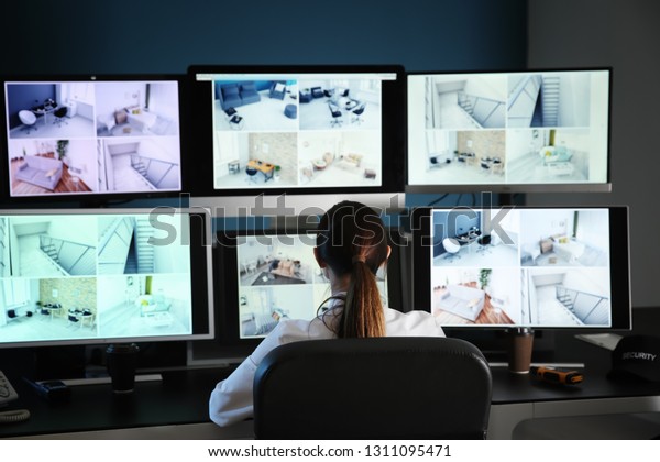 Security Guard Monitoring Modern Cctv Cameras Stock Photo