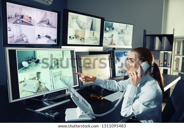 Security Guard Monitoring Modern Cctv Cameras People Stock