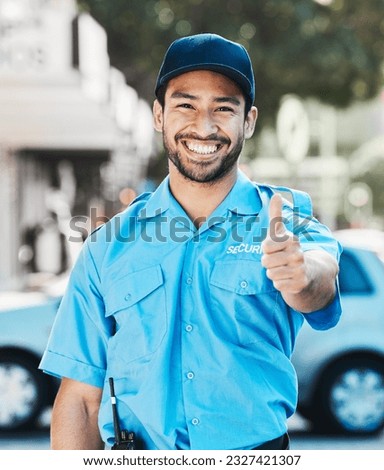 Security guard, thumbs up and safety officer man on the street for protection, patrol or watch. Law enforcement, happy and portrait of crime prevention male worker in uniform in city for good service