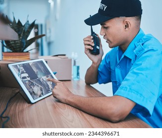 Security guard, walkie talkie and man on tablet in surveillance, cctv system and smart monitor. Technology, camera and serious officer on radio at desk in safety, investigation service and automation - Powered by Shutterstock