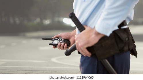 Digital Composite Security Guard Walkietalkie Blurred Stock Photo ...