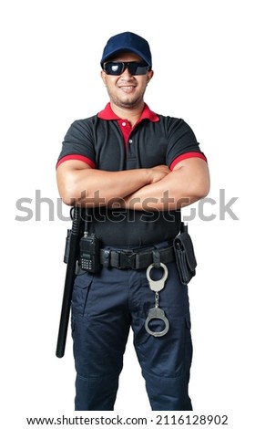 The security guard wears black glasses and wears a hat.stand with arms crossed, rubber batons and handcuffs on tactical belts. on a isolated white background Eliminate the concept of security