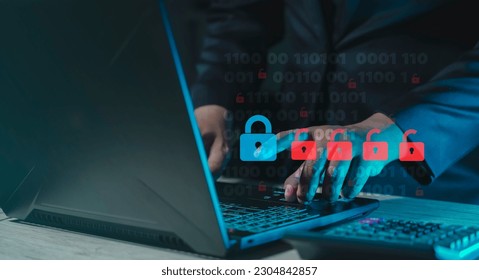 security hack Threats of data leaks and system security Red open key surrounded by blue closed Close the problem solving gap. Ethical Hacking and Professional Penetration.