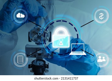 Security Health Care Concept. Medical Data Insurance And Safety. Medicine Secure Patient Privacy History. Doctor Offers Heart With Lock Icon On Virtual Screen. Access Healthcare Protection Technology