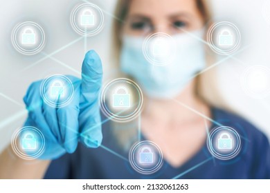 Security Health Care Concept. Medical Data Insurance And Safety. Medicine Secure Patient Privacy History. Doctor Offers Heart With Lock Icon On Virtual Screen. Access Healthcare Protection Technology