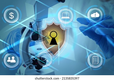 Security Health Care Concept. Medical Data Insurance And Safety. Medicine Secure Patient Privacy History. Doctor Offers Heart With Lock Icon On Virtual Screen. Access Healthcare Protection Technology