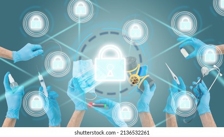 Security Health Care Concept. Medical Data Insurance And Safety. Medicine Secure Patient Privacy History. Doctor Offers Heart With Lock Icon On Virtual Screen. Access Healthcare Protection Technology