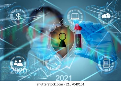 Security Health Care Concept. Medical Data Insurance And Safety. Medicine Secure Patient Privacy History. Doctor Offers Heart With Lock Icon On Virtual Screen. Access Healthcare Protection Technology