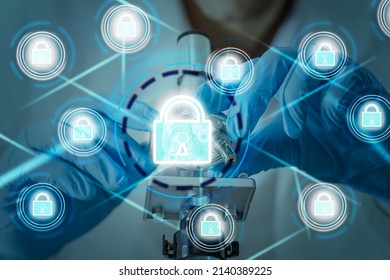 Security Health Care Concept. Medical Data Insurance And Safety. Medicine Secure Patient Privacy History. Doctor Offers Heart With Lock Icon On Virtual Screen. Access Healthcare Protection Technology