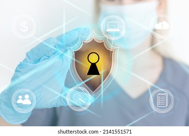 Security Health Care Concept. Medical Data Insurance And Safety. Medicine Secure Patient Privacy History. Doctor Offers Heart With Lock Icon On Virtual Screen. Access Healthcare Protection Technology