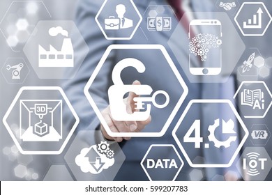 Security IoT AI Computing Industry 4.0 Integration Concept. Smart Factory Cyber Secure Manufacture Modernization. Man Touched Lock Key Icon On Virtual Screen. Open Access Manufacturing Data Technology