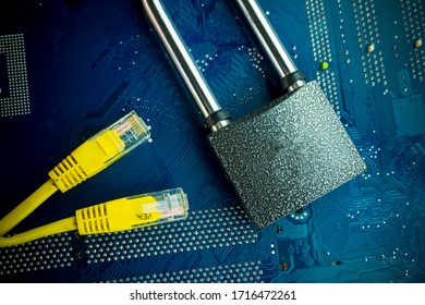 Security lock on computer circuit board - computer security concept