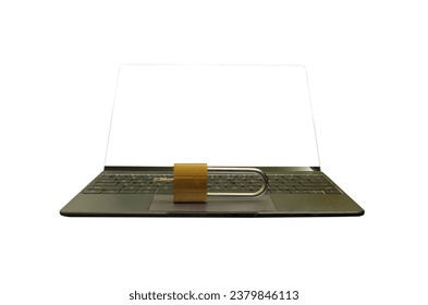 security lock on computer keyboard ,protect personal devices concept , computer screen isolated on white