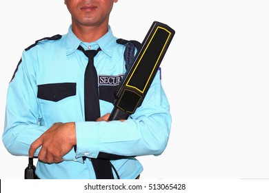 Security Man Holding Metal Detector ,Security Check,on White Background