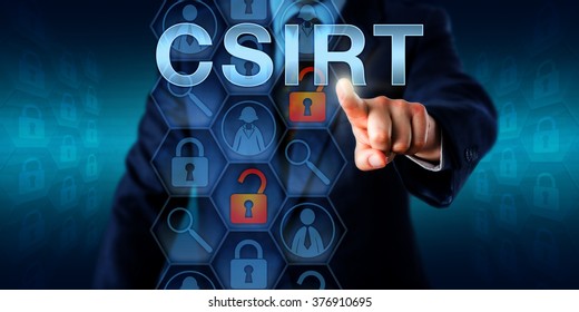 Security Manager Pressing CSIRT On A Screen. Technology Concept And Business Metaphor For Computer Security Incident Response Team. Several Icons Do Refer To Tasks Of Handling IT Security Incidents.