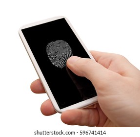 Security - Man's Hand With Smartphone With Fingerprint on Display - Isolated on White