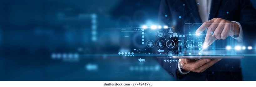 Security officer working on computer touch Access Management control panel monitoring user login permission authentication system screen. Digital Access Management protection process in secure.