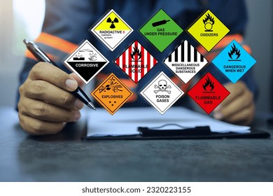 Security officers working with clipboards and inspect the storage of dangerous goods hazard substance on the desktop for operator safety such as explosions, radioactive, toxic gases, etc.