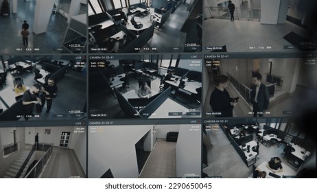 Security operator controls CCTV cameras in business office, uses digital tablet with surveillance cameras playback on screen. High tech security with facial recognition. Monitoring and social safety. - Shutterstock ID 2290650045