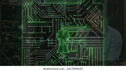 Security padlock and cyber security data processing against caucasian male engineer using laptop. cyber security technology concept