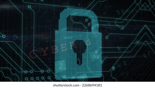 Security padlock icon and cyber security data processing against microprocessor connections. cyber security technology concept