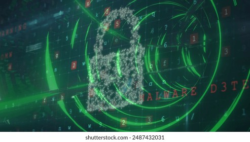 Security padlock icon and cyber security data processing against glowing tunnel in seamless pattern. Cyber security and business technology concept
