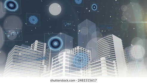 Security padlock icon and data processing over server room. Global connections technology and digital interface concept digitally generated image.