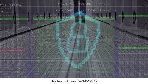 Security padlock icon and data processing over low section of engineer walking in server room. Global economy and business data storage technology concept
