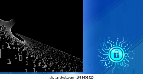 Security padlock icon over binary coding data processing against blue technology background. cyber security and technology concept