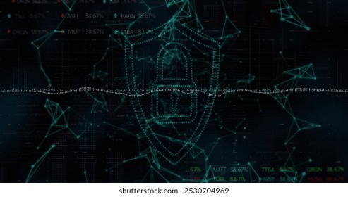 Security padlock shield icon over network of connections against stock market data processing. Global economy and cyber security technology concept
