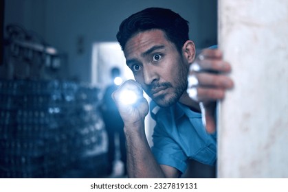 Security, police and man with flashlight for investigation, inspection and property search on night shift. Surveillance, law and male person in dark room for safety, crime and protection service