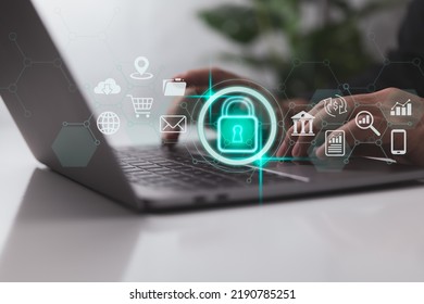 Security and privacy concepts for data. The lock symbol and internet network security. In this video, a businessman protects personal data using virtual screens.