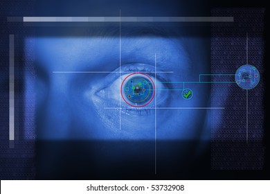 Security Scan Of Iris Or Retina To Determine Identity. Technology Looking At Eye