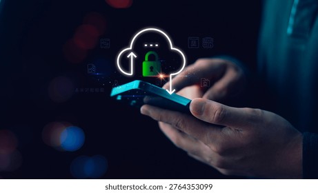 IT security specialist manages secure cloud storage on mobile with encrypted data transfer, cloud protection, privacy control, network safety, digital backup, cybersecurity system
