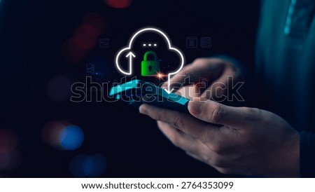IT security specialist manages secure cloud storage on mobile with encrypted data transfer, cloud protection, privacy control, network safety, digital backup, cybersecurity system