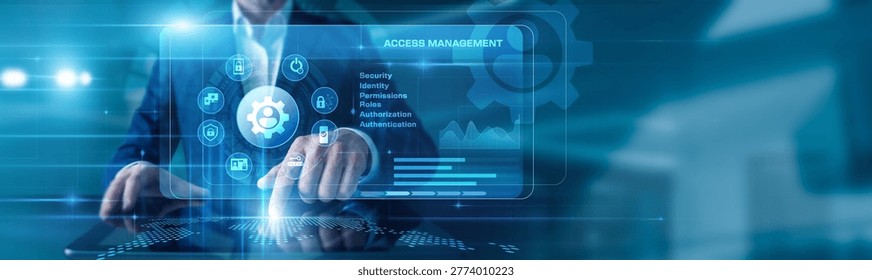 IT Security Specialist touching the tablet using Access Management, displayed diagrams and graphs with icons of authentication, authorization, data protection across the world map.