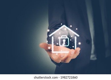 Security System With Home For Protection Family, Secure And Access Digital For Residential, Property And Real Estate With Safe Assurance, Sign Virtual Lock For Privacy About House, Business Concept.