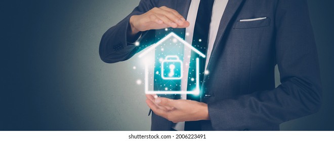 Security System With Home For Protection Family, Secure And Access Digital For Residential, Property And Real Estate With Safe Assurance, Sign Virtual Lock For Privacy About House, Business Concept.