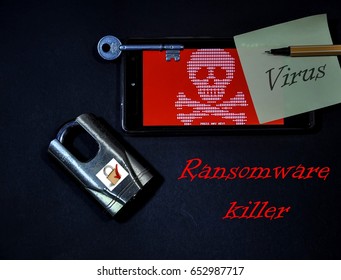 Security system with ransomware text concept isolated with black background