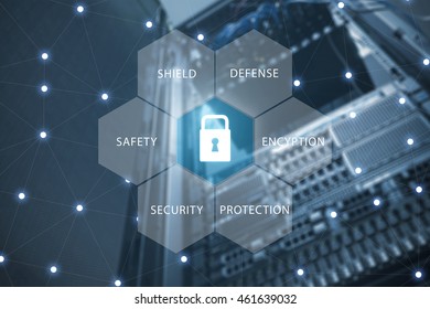 Security Of Technology Protection With Blurred Network Server Storage In Datacenter Background For Business And Technology Security Concept