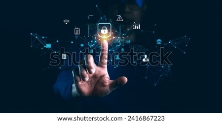 Security and Technology, where a man's hand confidently touches symbols of digital safeguarding, data safety, cybersecurity, cloud security, firewalls and information technology